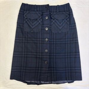 Burberry Blue Plaid Wool & Silk Mid Length Button Down Skirt Size 2